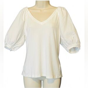 a loves a Puff-Sleeve Paneled Rib-Knit T-Shirt by White, Size Large